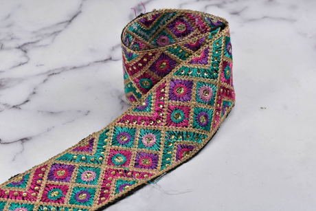 Embroidered Trim Multi-Color Beaded 2.25"
