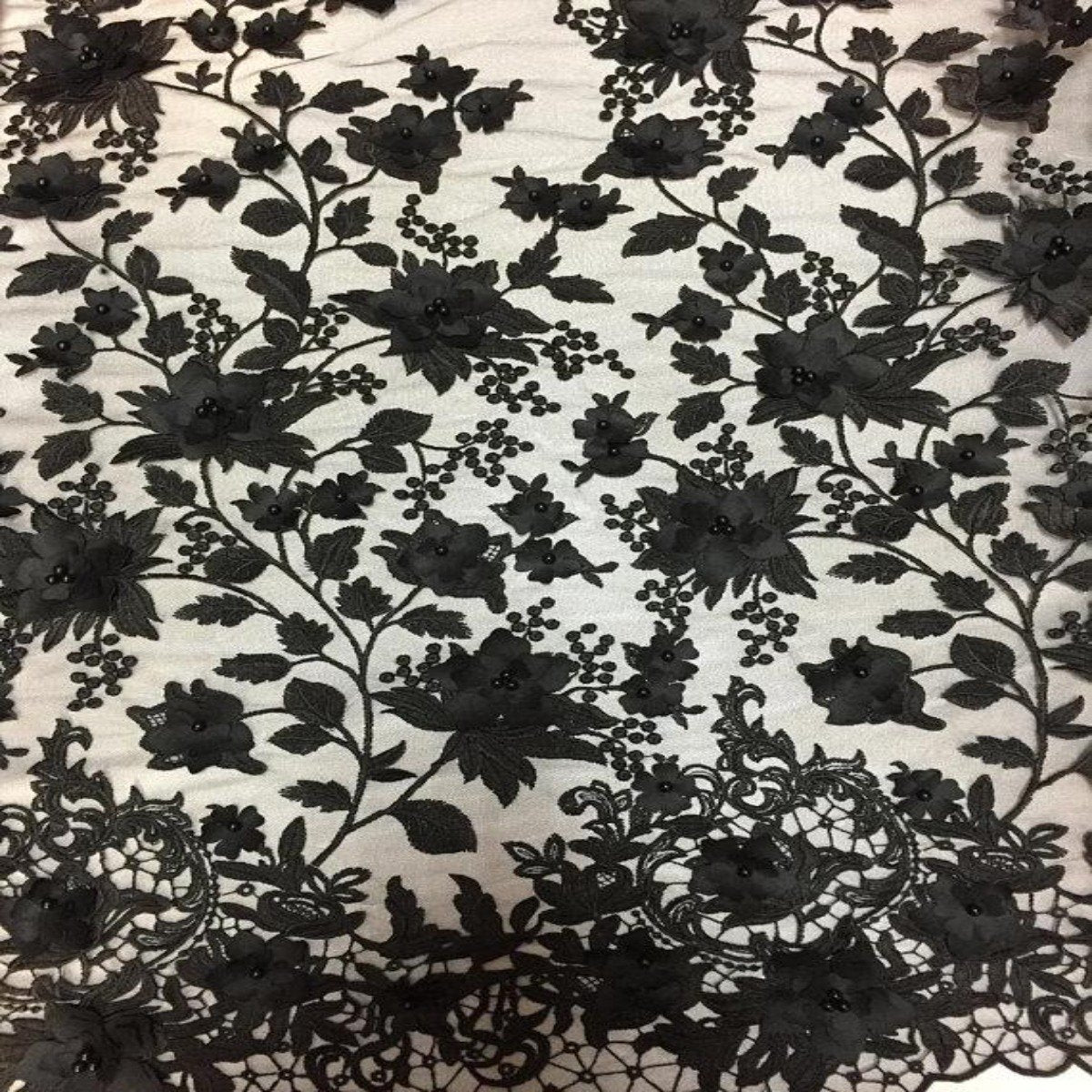 3D Embroidered Satin Floral Pearl Lace Fabric - 100 Percent Polyester Fabric, Floral Pearl Embroidery, 52" Width, 12" Panel (1 Yard)
