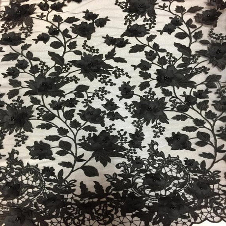 3D Embroidered Satin Floral Pearl Lace Fabric - 100 Percent Polyester Fabric, Floral Pearl Embroidery, 52" Width, 12" Panel (1 Yard)