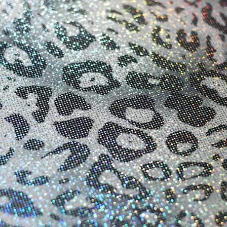 Iridescent Leopard Polyester Spandex Fabric - Pink, Aqua, Orange, Lime, Silver-Black Leopard Print, 58-60" Width, 200 GSM, 4-Way Stretch (1 Yard)