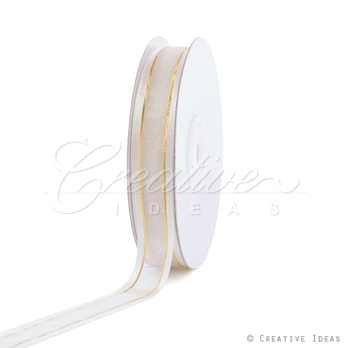 5/8" Organza With Satin And Gold Edge Ribbon - 25 Yards (Antique White)