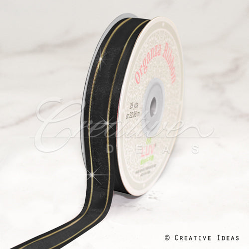 5/8" Organza With Satin And Gold Edge Ribbon - 25 Yards (Black)