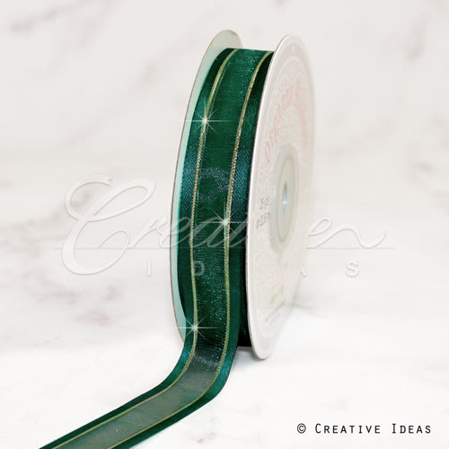 5/8" Organza With Satin And Gold Edge Ribbon - 25 Yards (Hunter Green)