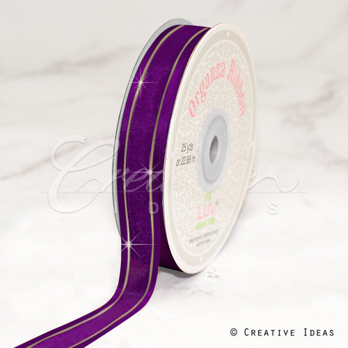 5/8" Organza With Satin And Gold Edge Ribbon - 25 Yards (Plum)