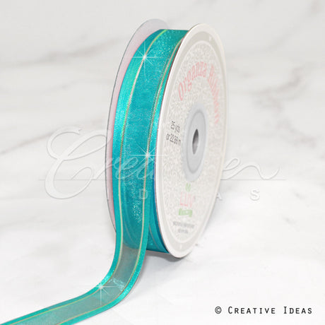 5/8" Organza With Satin And Gold Edge Ribbon - 25 Yards (Tropic Blue)