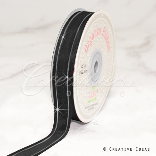 5/8" Organza With Satin & Silver Edge Ribbon - 25 Yards (Black)