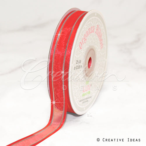 5/8" Organza With Satin & Silver Edge Ribbon - 25 Yards (Coral)