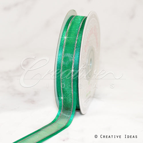 5/8" Organza With Satin & Silver Edge Ribbon - 25 Yards (Emerald Green)