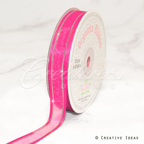 5/8" Organza With Satin & Silver Edge Ribbon - 25 Yards (Hot Pink)