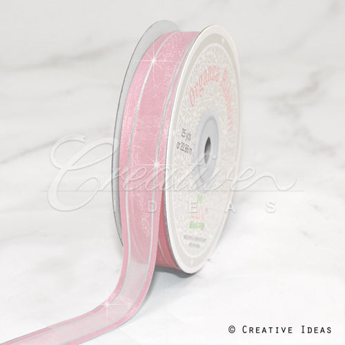 5/8" Organza With Satin & Silver Edge Ribbon - 25 Yards (Light Pink)