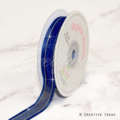 5/8" Organza With Satin & Silver Edge Ribbon - 25 Yards (Navy Blue)