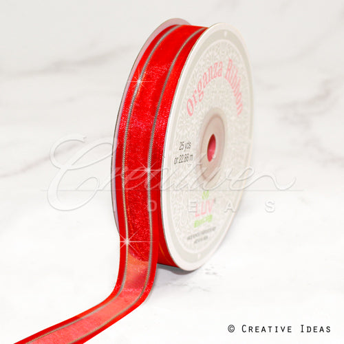 5/8" Organza With Satin & Silver Edge Ribbon - 25 Yards (Red)