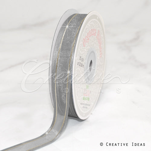 5/8" Organza With Satin & Silver Edge Ribbon - 25 Yards (Silver)