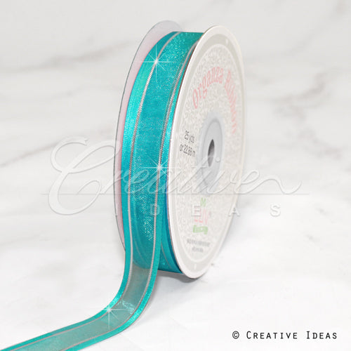 5/8" Organza With Satin & Silver Edge Ribbon - 25 Yards (Tropic Blue)