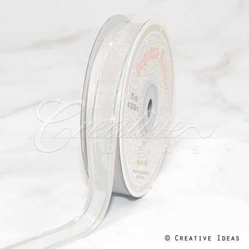 5/8" Organza With Satin & Silver Edge Ribbon - 25 Yards (White)