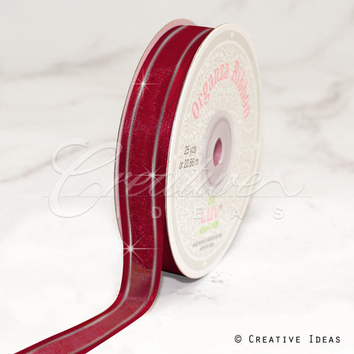 5/8" Organza With Satin & Silver Edge Ribbon - 25 Yards (Wine)
