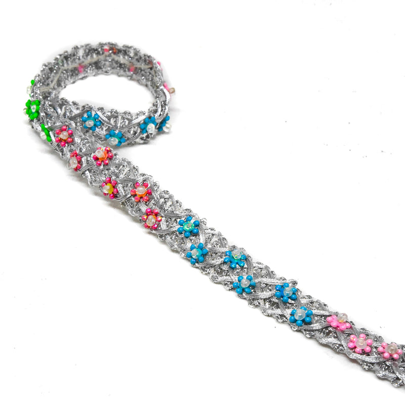 Gimp Trim Metallic Silver Flower Beads 1/2"