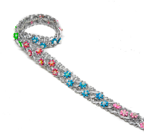 Gimp Trim Metallic Silver Flower Beads 1/2"