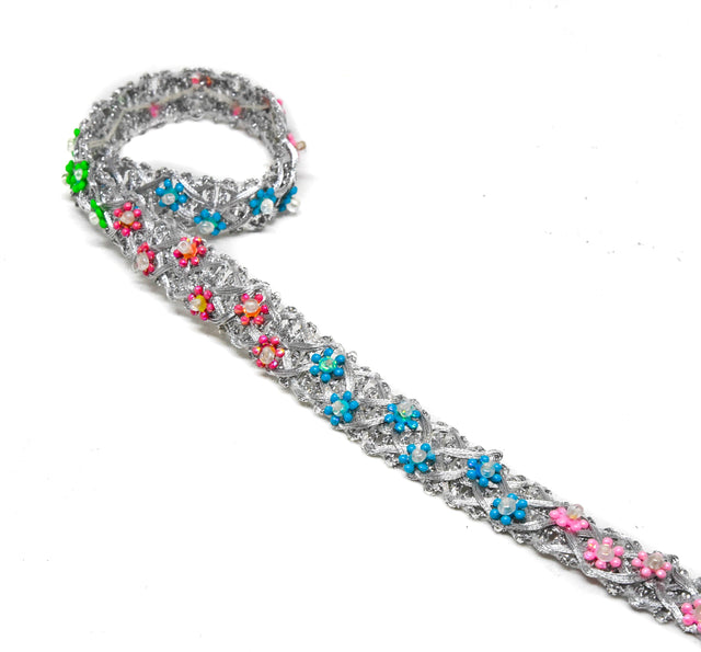 Gimp Trim Metallic Silver Flower Beads 1/2"