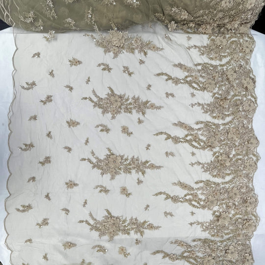 1 Yard Beaded 3D Floral Lace Fabric Embroidered 100 Percent Polyester Net Mesh 51 inch Width