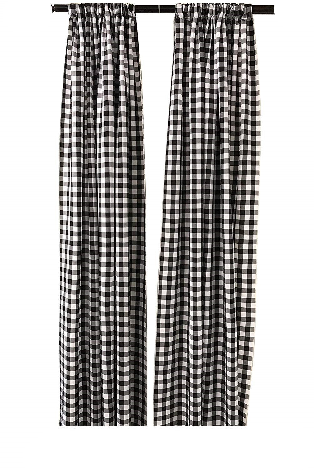 Buffalo Checkered Country Plaid Gingham Polyester Fabric - White & Black, 5 Feet Wide x 9 Feet High (1 Pair)