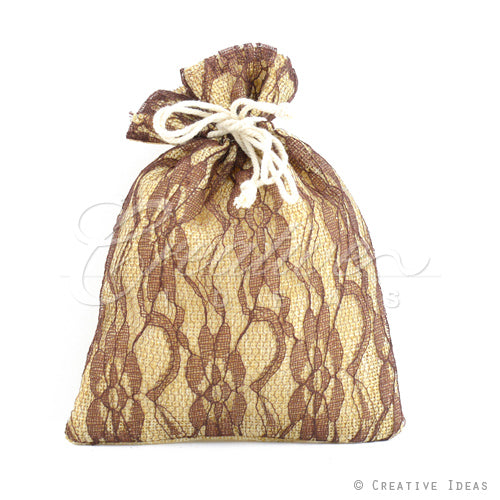 5"X6.5" Faux Burlap Lace Pouches - Sold By A Dozen Pieces ( 6 Pieces/Inner Pack) (Brown)