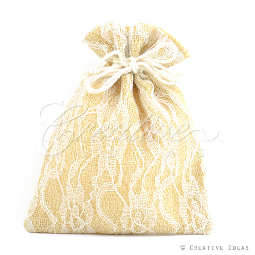 5"X6.5" Faux Burlap Lace Pouches - Sold By A Dozen Pieces ( 6 Pieces/Inner Pack) (Ivory)