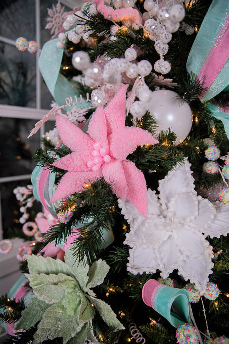 20” x 12” Sugared Cotton Candy Poinsettia Stem – Whimsical Pink Holiday Floral