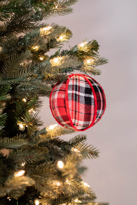 Fabric Plaid Ball Ornament 4 Inch Red Black Christmas Tree Decor