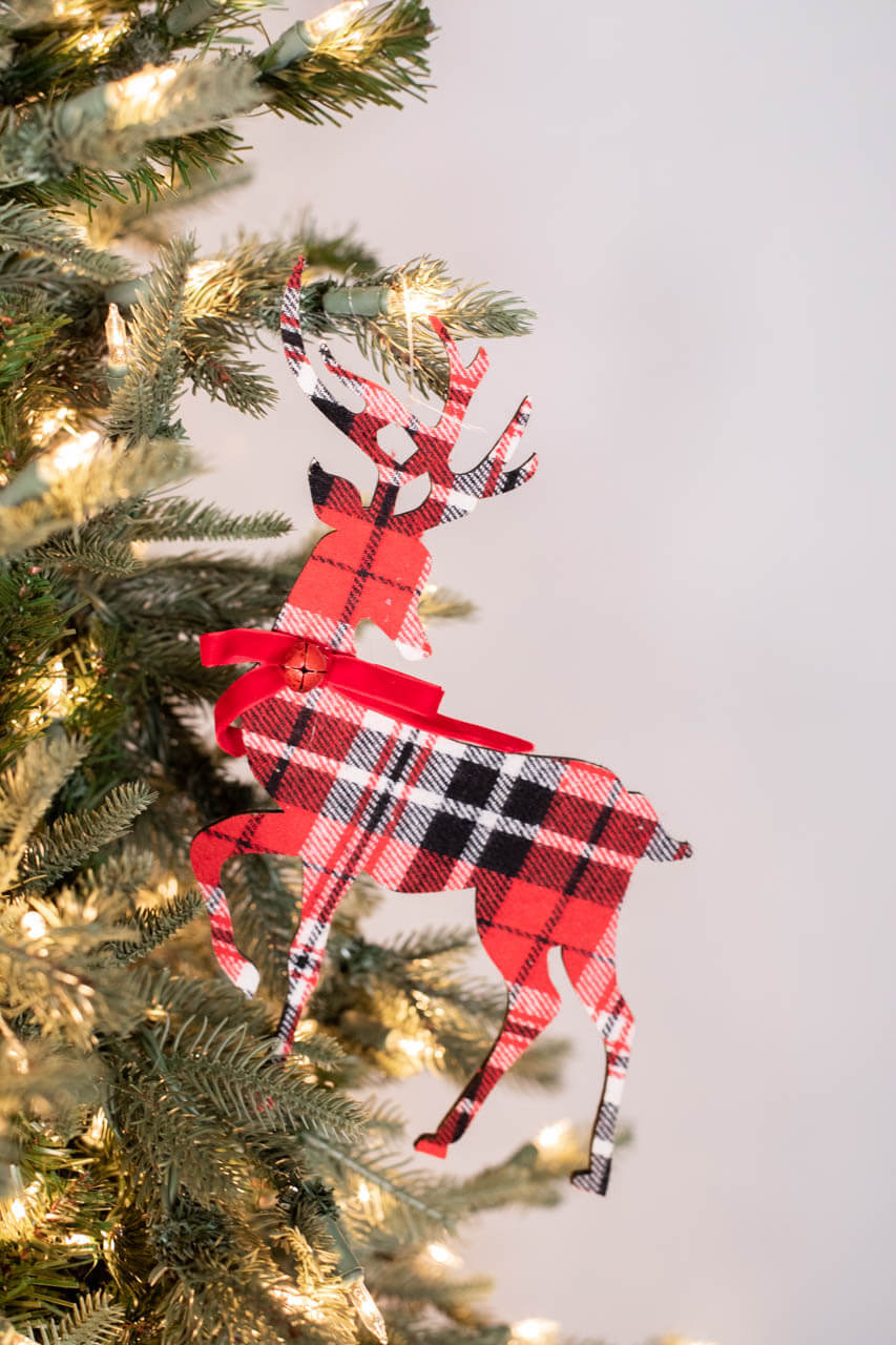 11” MDF Fabric Plaid Deer Ornament