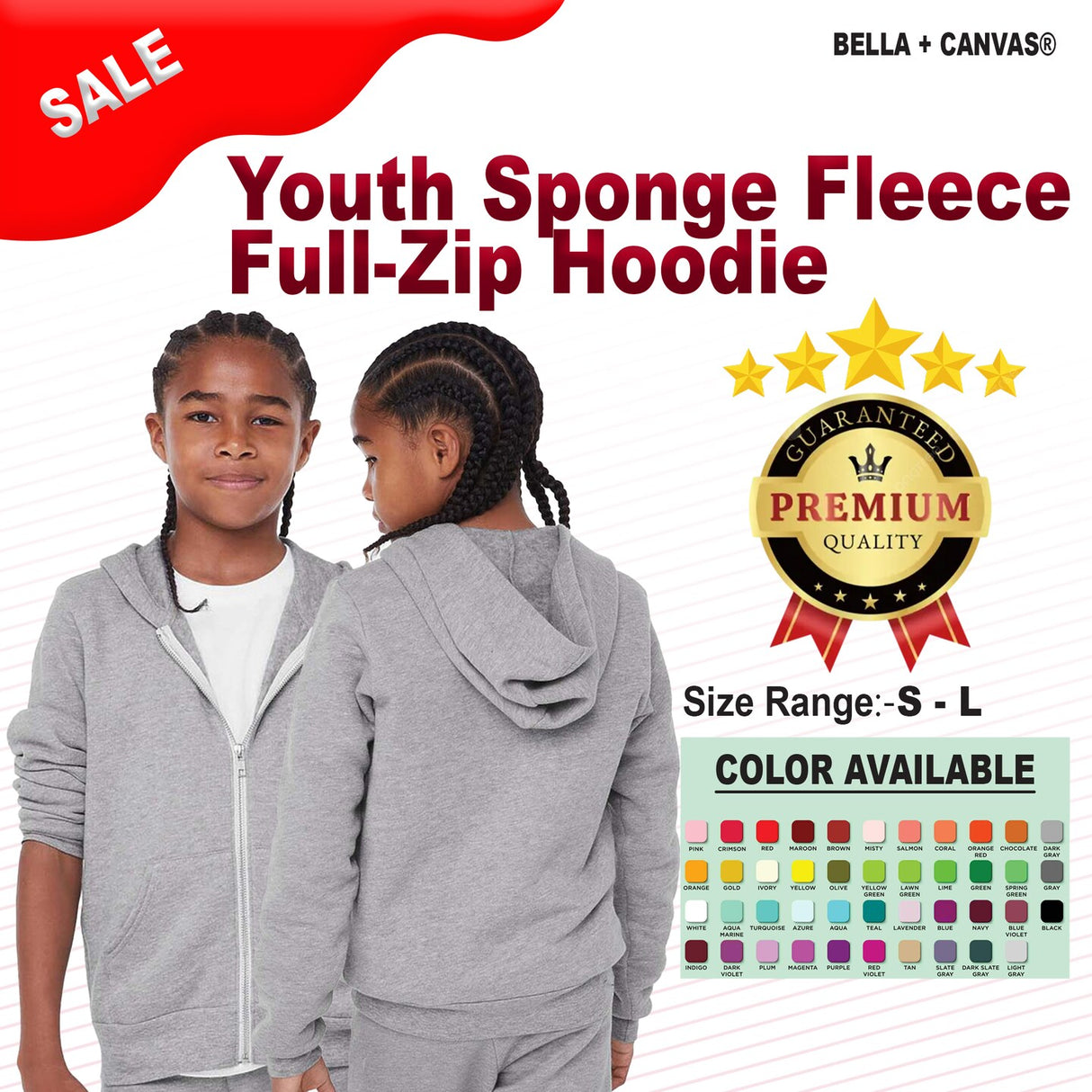 BELLA + CANVAS® Youth Sponge Fleece Full-Zip Hoodie - 3739Y