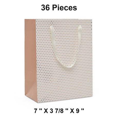 Metallic Dots Euro Totes with Ribbon Handles 7''x 3 7/8 ''x 9''  White / Rose Gold - 12 each / package