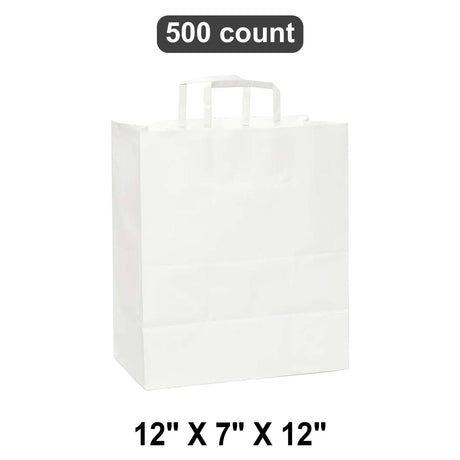 White Paper Bags with Flat Handles 12" x 7" x 12"