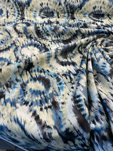 Urban Blue Ikat Cotton Fabric - Blue, Brown, Black, Beige, White, Gray, 57" Width (1 Yard)