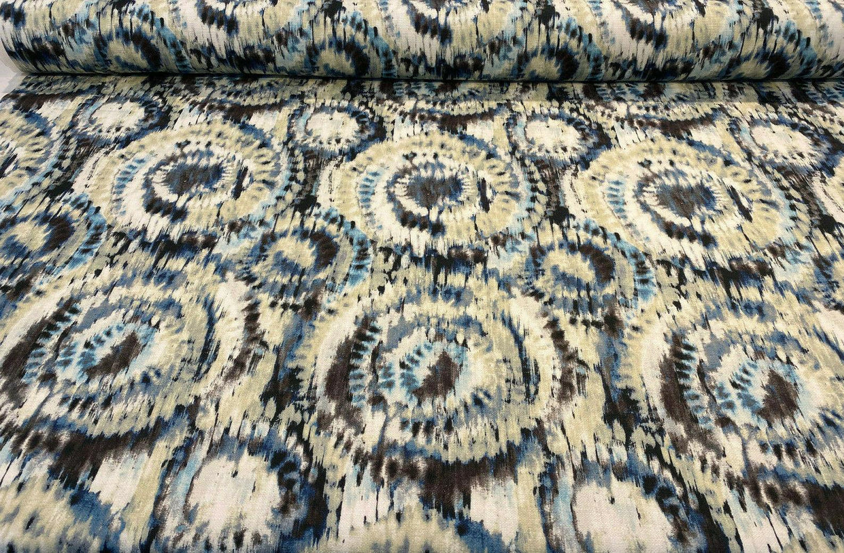 Urban Blue Ikat Cotton Fabric - Blue, Brown, Black, Beige, White, Gray, 57" Width (1 Yard)