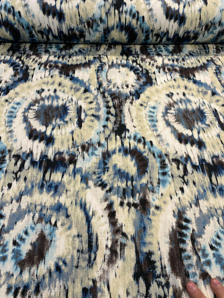 Urban Blue Ikat Cotton Fabric - Blue, Brown, Black, Beige, White, Gray, 57" Width (1 Yard)