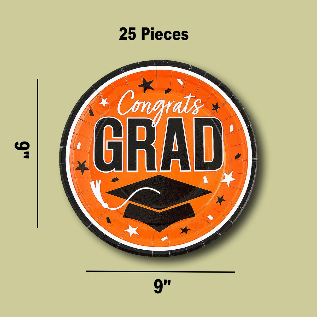 25 Count Orange Congrats Grad Round Paper Plates 9 Inch for Graduation Party Settings