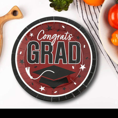 25 Count Burgundy Congrats Grad 9 Inch Round Paper Plates for Elegant Graduation Decor