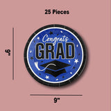 25 Count Blue Congrats Grad 9 Inch Round Paper Plates for Graduation Party Supplies