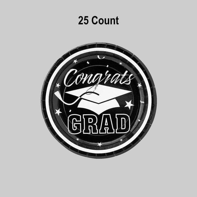 25 Count Black Congrats Grad Solid Color Paper Dessert Plates Disposable Graduation Supplies 7 1/4"