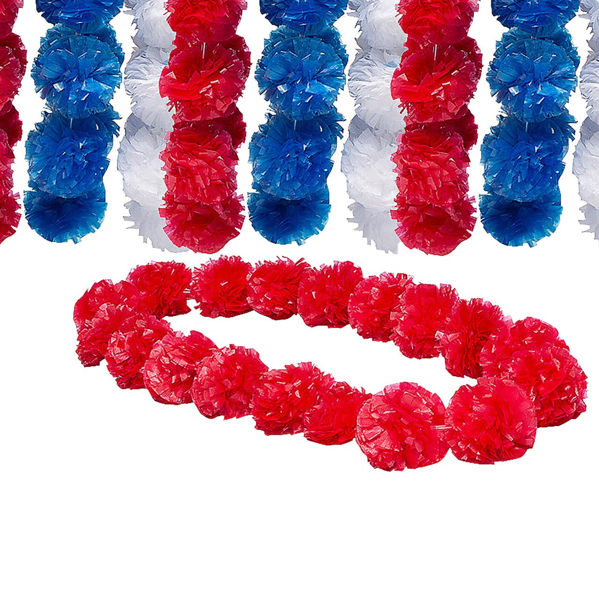 3 Ft. Patriotic Pom Pom Red, White & Blue Plastic Leis 12 Pc.