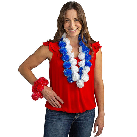 3 Ft. Patriotic Pom Pom Red, White & Blue Plastic Leis 12 Pc.