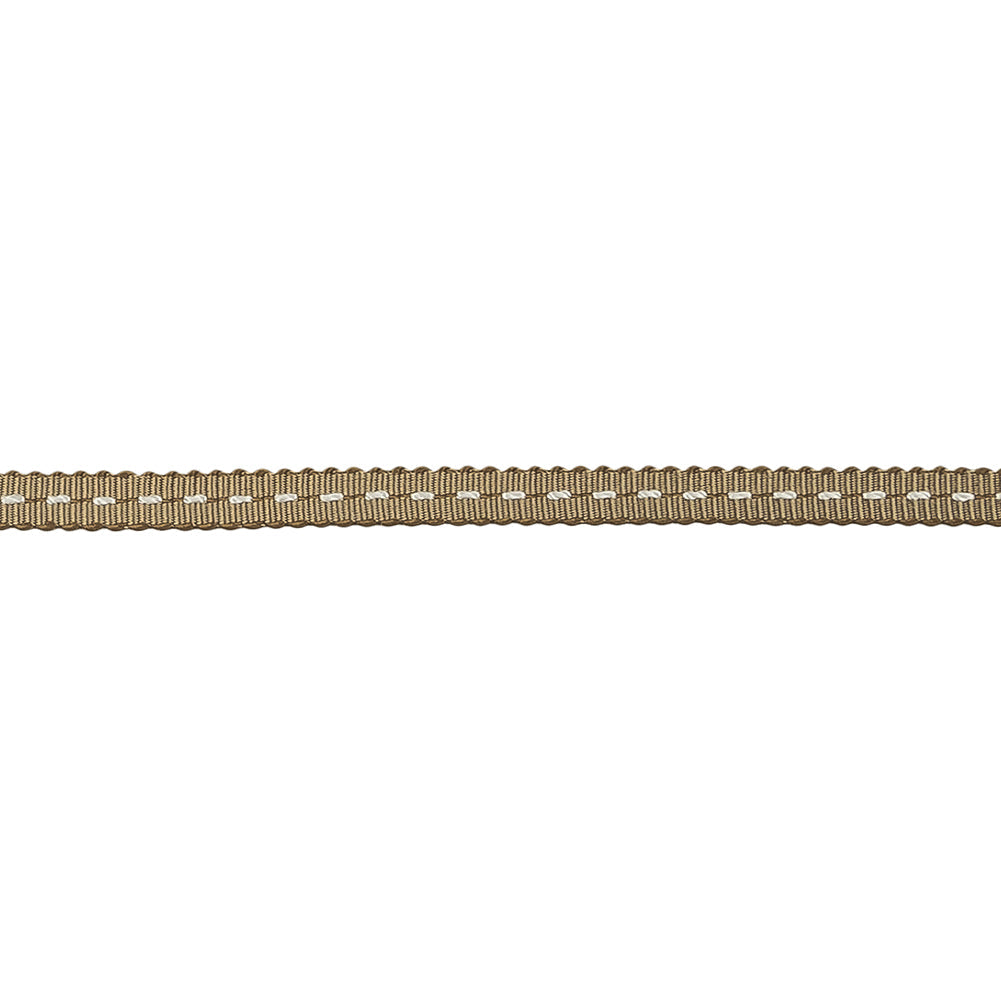 Chai Tea and White Stitched Grosgrain Ribbon - 0.19"