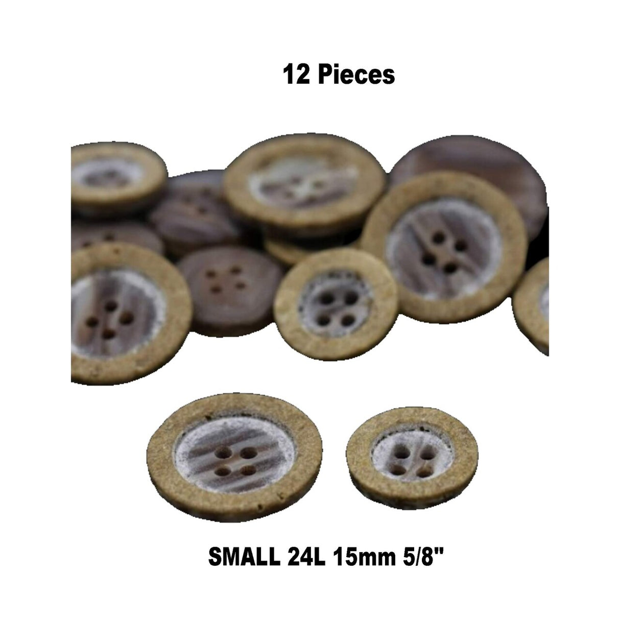 12 Small Faux Wood Plastic Buttons – 24L (15mm / 5/8") Sanded Four-Hole Multipurpose Buttons