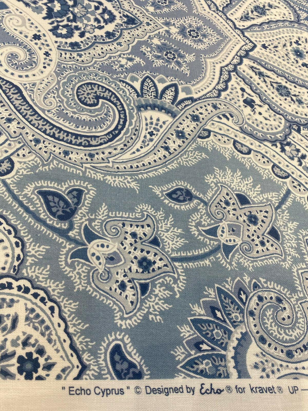 Echo Cyprus Linen Fabric - Blue White Damask, 55" Width (1 Yard)