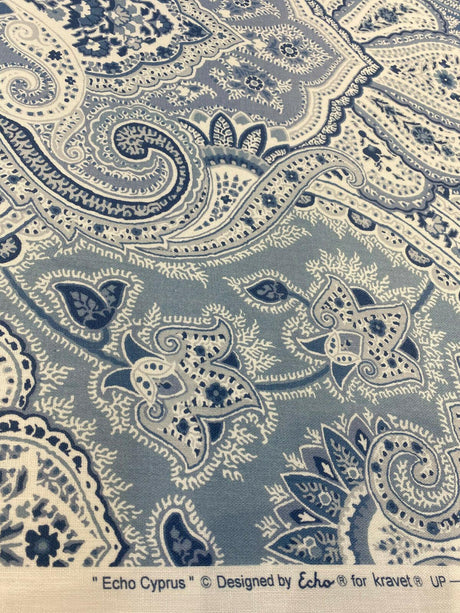 Echo Cyprus Linen Fabric - Blue White Damask, 55" Width (1 Yard)