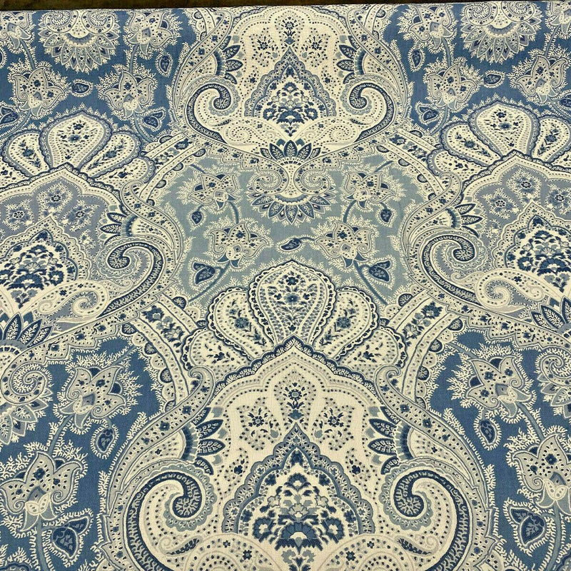 Echo Cyprus Linen Fabric - Blue White Damask, 55" Width (1 Yard)