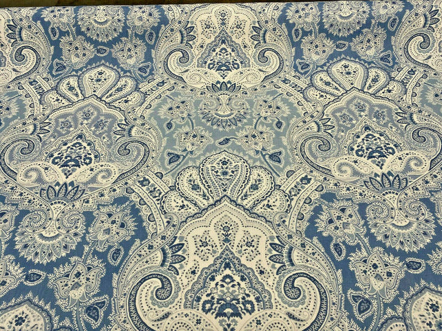 Echo Cyprus Linen Fabric - Blue White Damask, 55" Width (1 Yard)