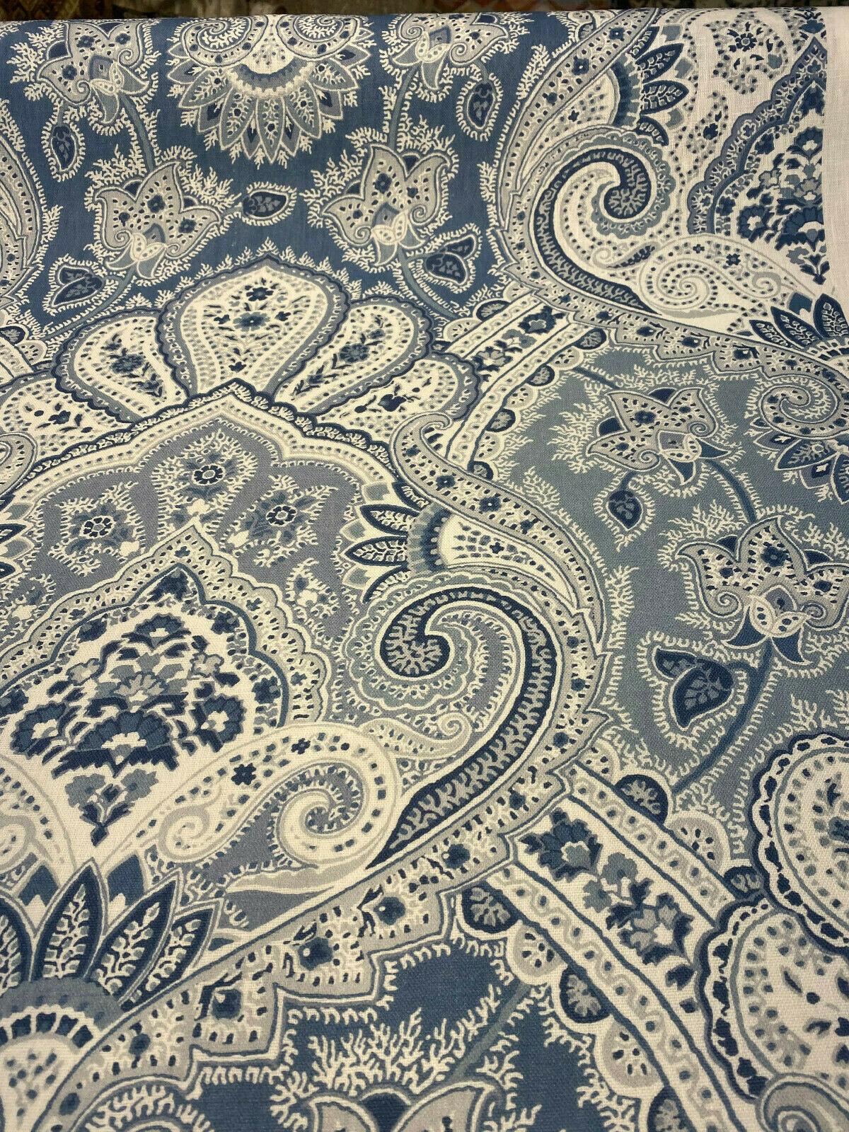 Echo Cyprus Linen Fabric - Blue White Damask, 55" Width (1 Yard)