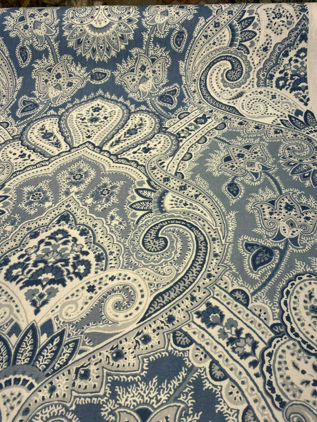 Echo Cyprus Linen Fabric - Blue White Damask, 55" Width (1 Yard)